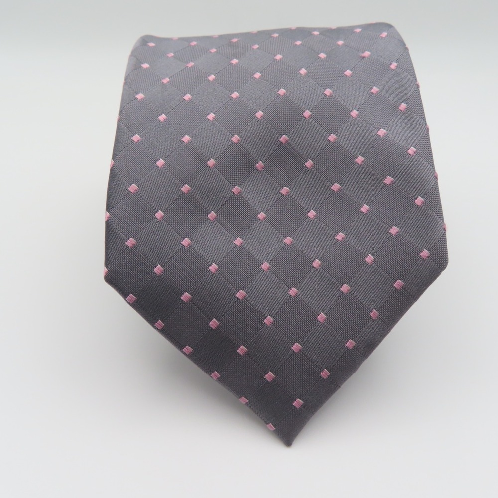Michael Kors Tie Silk Gray Pink Polka Dot 3" Wide 57" Long Thin - Picture 2 of 7